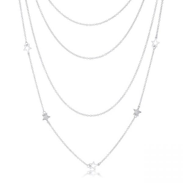 Multi-Chain Rhodium Star Necklace with CZ